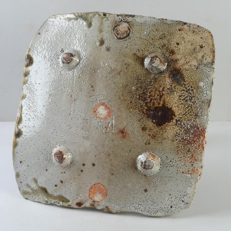 益子焼　高内秀剛作　塩釉　手付四方皿　共箱　V　R9086B