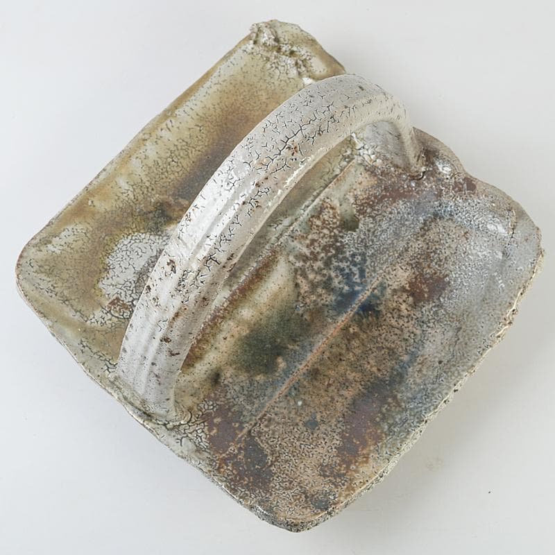 益子焼　高内秀剛作　塩釉　手付四方皿　共箱　V　R9086B