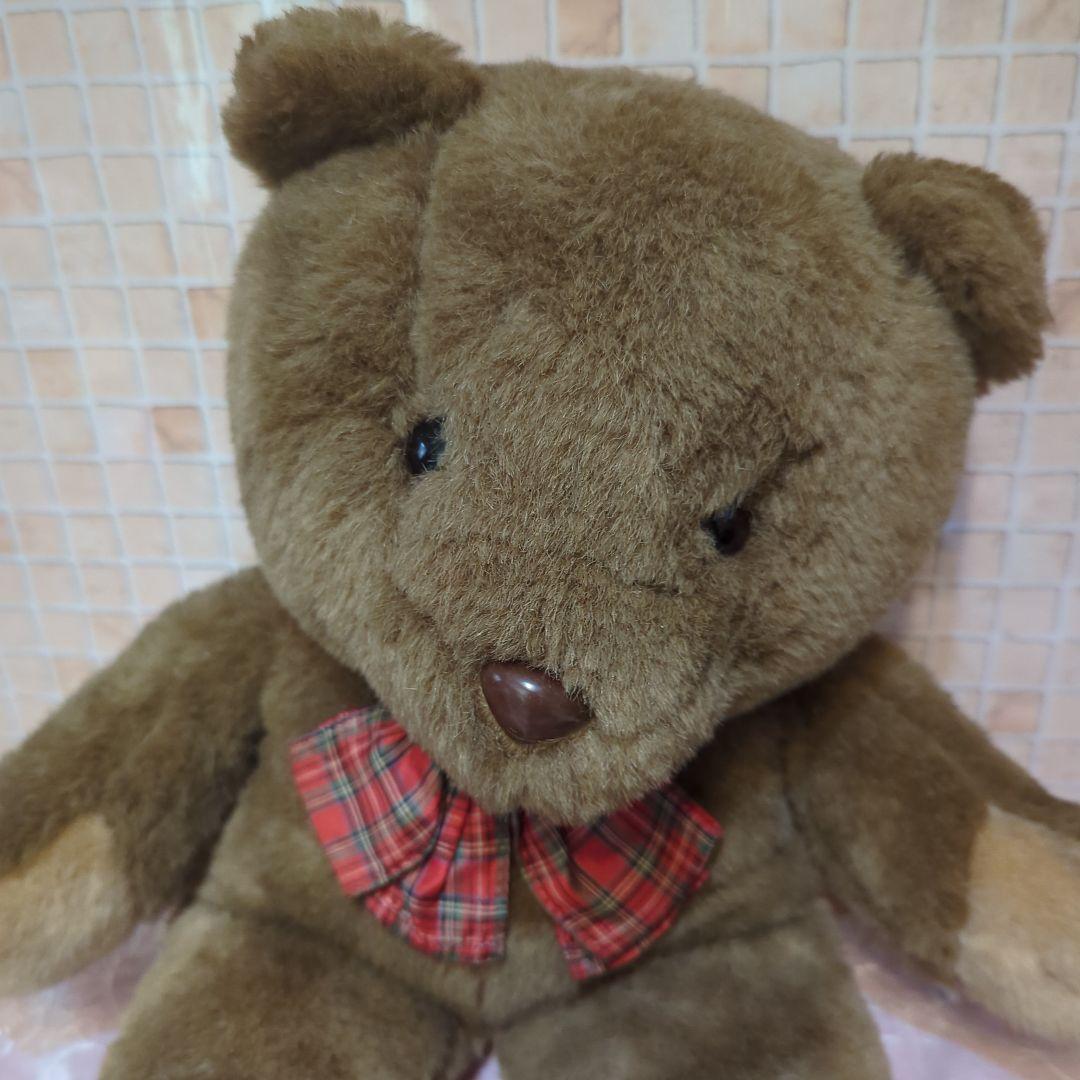 SANRIO・茶色くまのぬいぐるみ 赤いチェックリボン・昭和レトロ・旧ロゴ