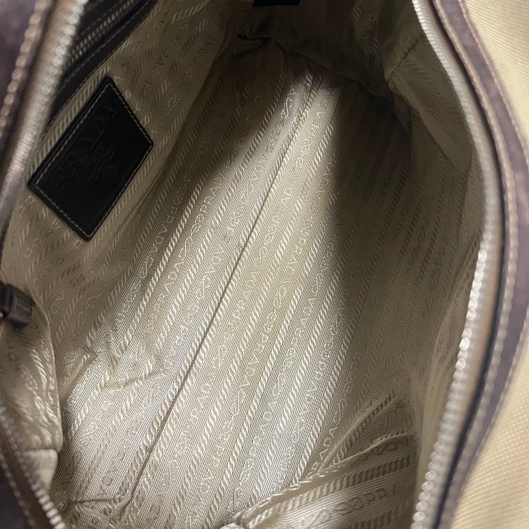 プラダ ロゴジャガード ミニボストン ハンドバッグ キャンバス レザー ベージュ