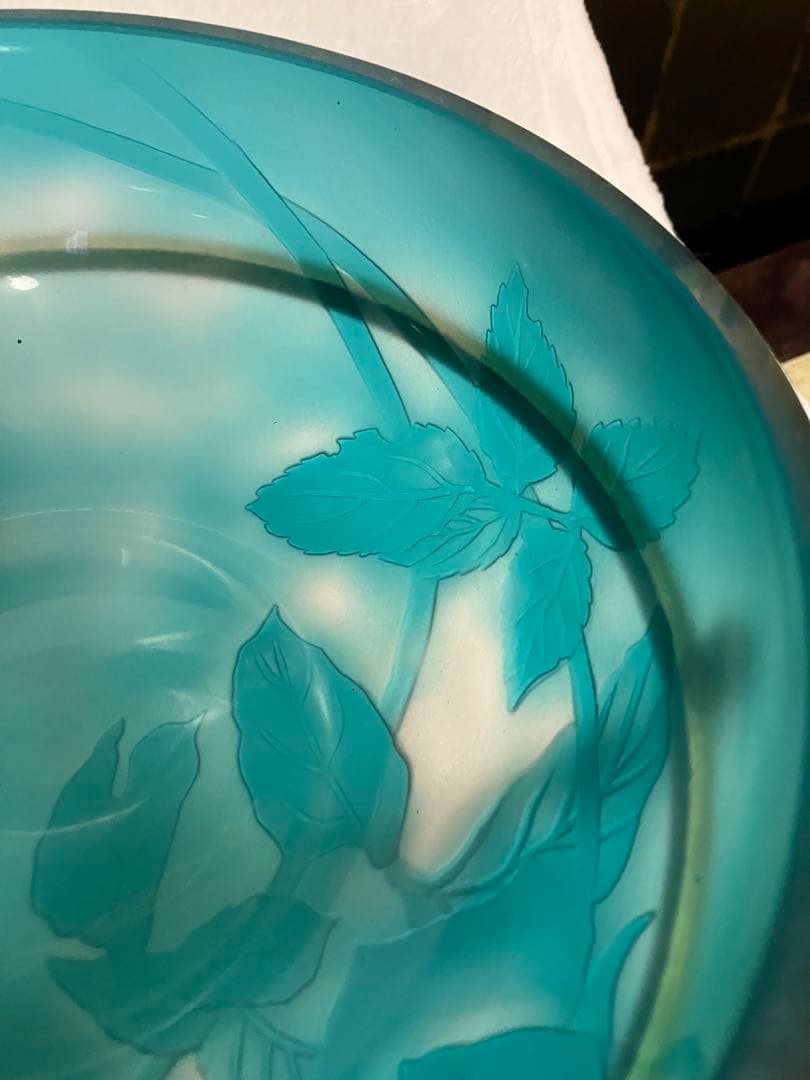 青色ガラスボウル 金属スタンド付き