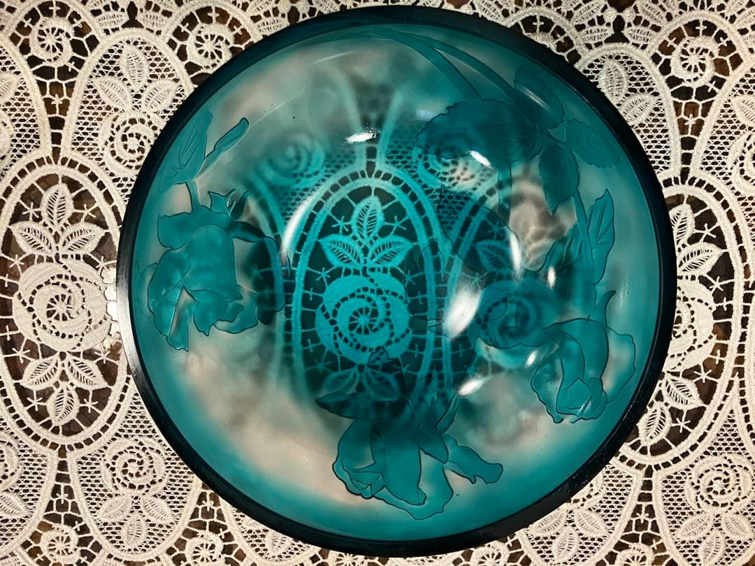 青色ガラスボウル 金属スタンド付き