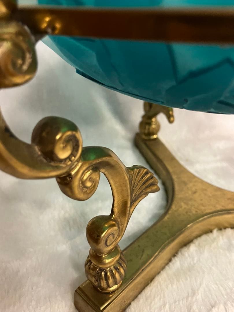 青色ガラスボウル 金属スタンド付き