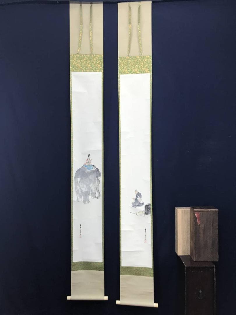 【真作】嘯谷/人物図/双幅/遊女に坊主図/掛軸/名家伝来/AC-22