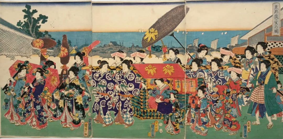 浮世絵版画東都霞ガ関乃圖三枚綴り香蝶楼国貞画（二代国貞四代豊国)安政4年出版