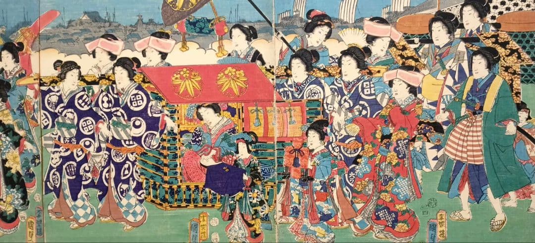 浮世絵版画東都霞ガ関乃圖三枚綴り香蝶楼国貞画（二代国貞四代豊国)安政4年出版