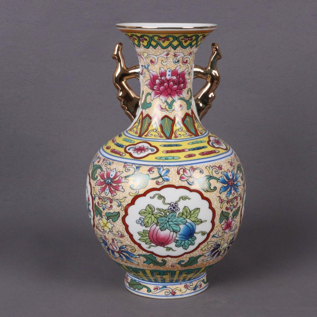 大清乾隆琺瑯彩四季瓜果双耳瓶磁花瓶 景徳鎮 陶磁器 装飾品 現代工芸品美術品置物