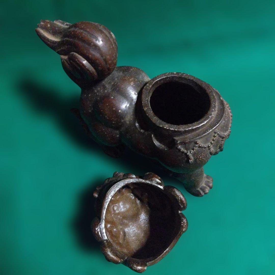 金属製獅子像 ダークブラウン 伝統工芸品　狛犬　香炉　高さは約16センチ