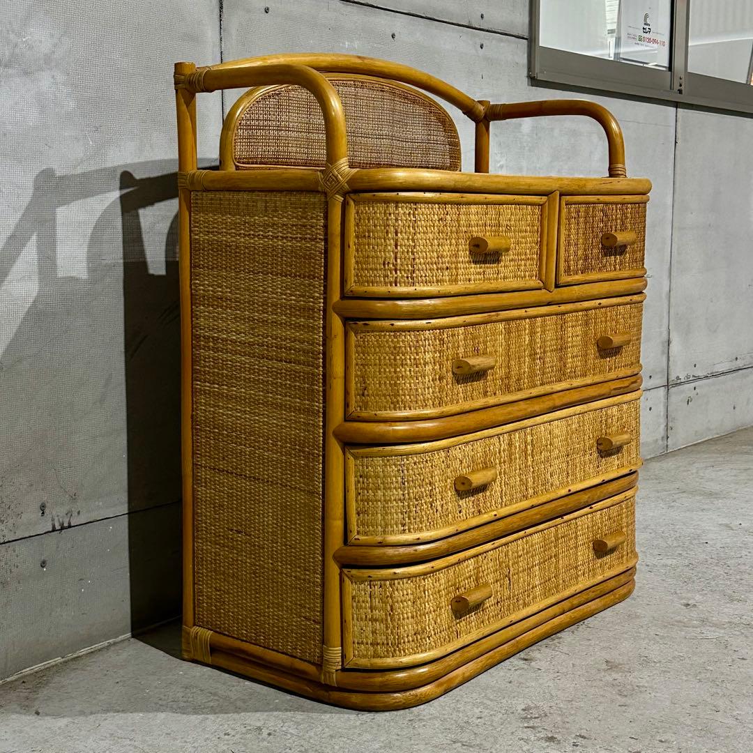 ꧁オールドがラタン꧂籐 収納家具 和モダン 昭和レトロ 6段チェスト