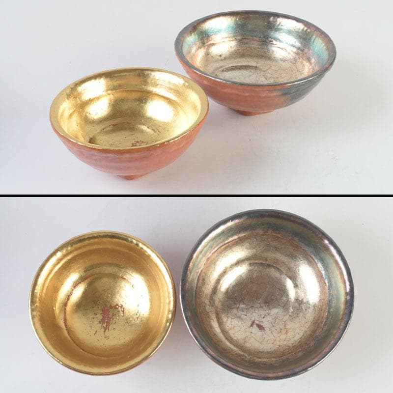 茶道具　八坂焼　赤楽　金銀二段　嶋台茶碗　共箱　V　9818