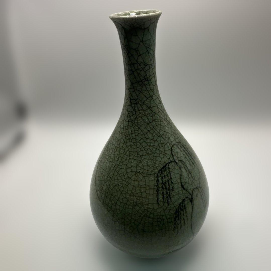 【美品】花器 花瓶 韓国人間文化財 柳海剛 高麗青磁 人間国宝