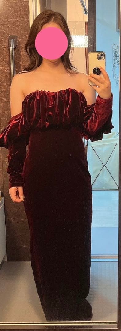 バーガンディ オフショルダーベルベットドレス