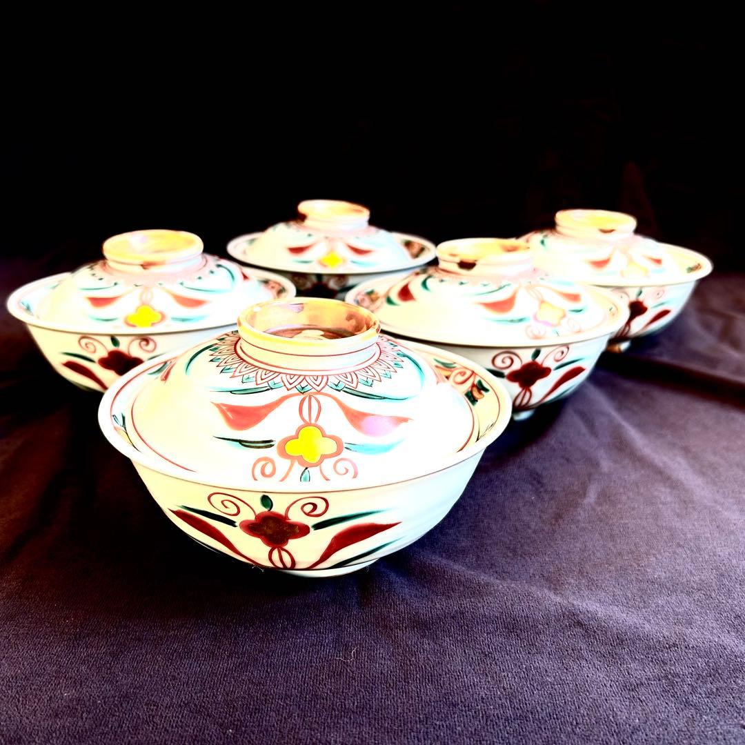 【未使用．美品】清水焼き　 蓋茶碗　蓋付き碗　飯碗　茶碗 色絵 五客 和食器