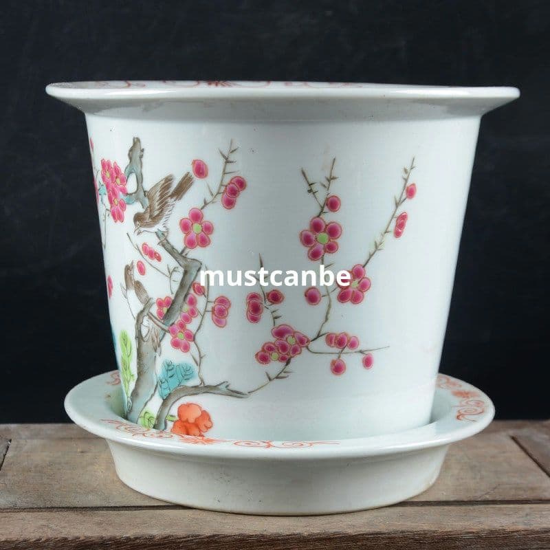 手描きパステル花鳥紋小花鉢 花鉢 盆栽鉢 装飾品 現代工芸品