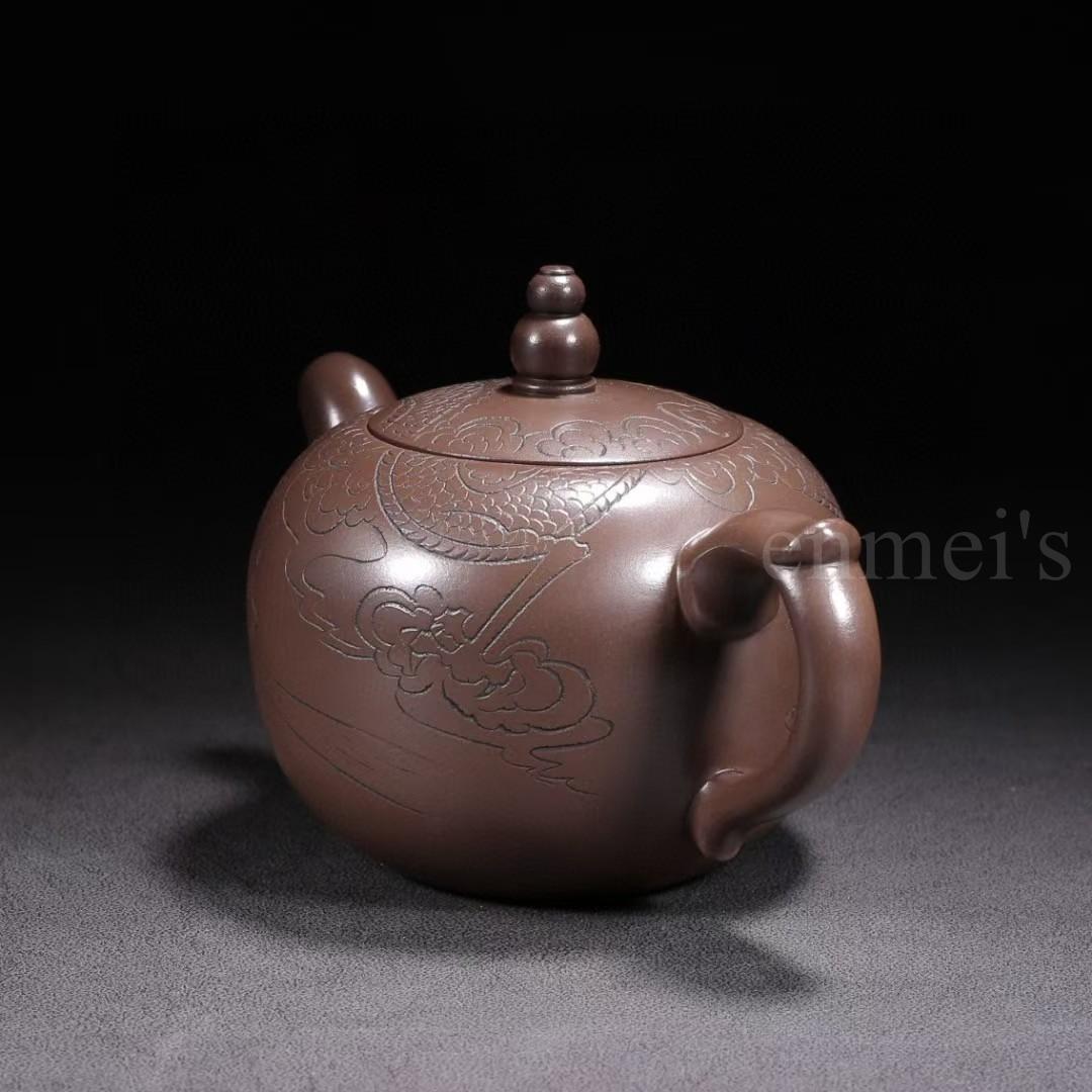 中国古美術・原鉱紫泥一粒珠紫砂壺・底款：自怡軒 蓋款：顧景洲・紫砂・茶壺・茶道具