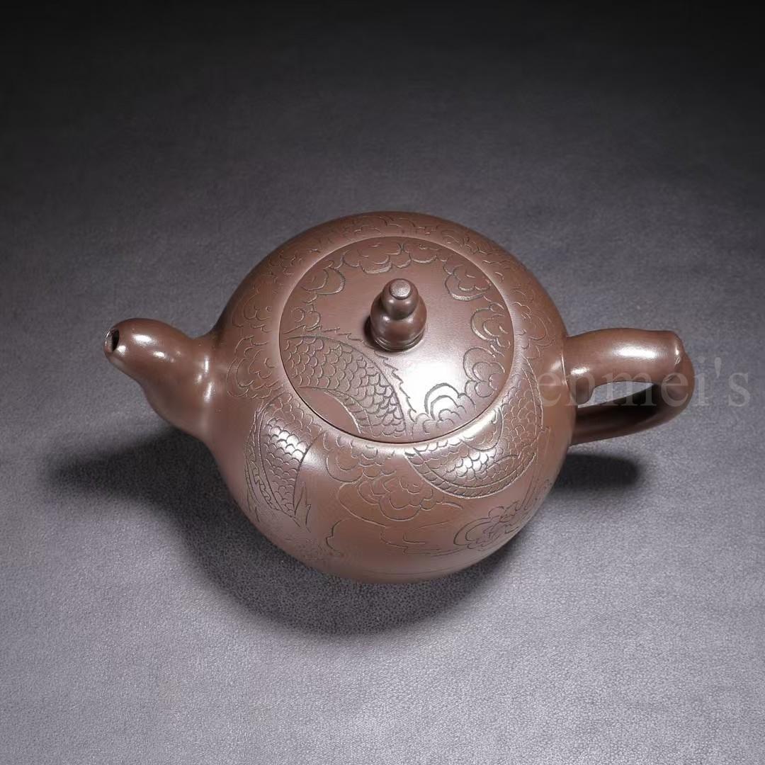 中国古美術・原鉱紫泥一粒珠紫砂壺・底款：自怡軒 蓋款：顧景洲・紫砂・茶壺・茶道具