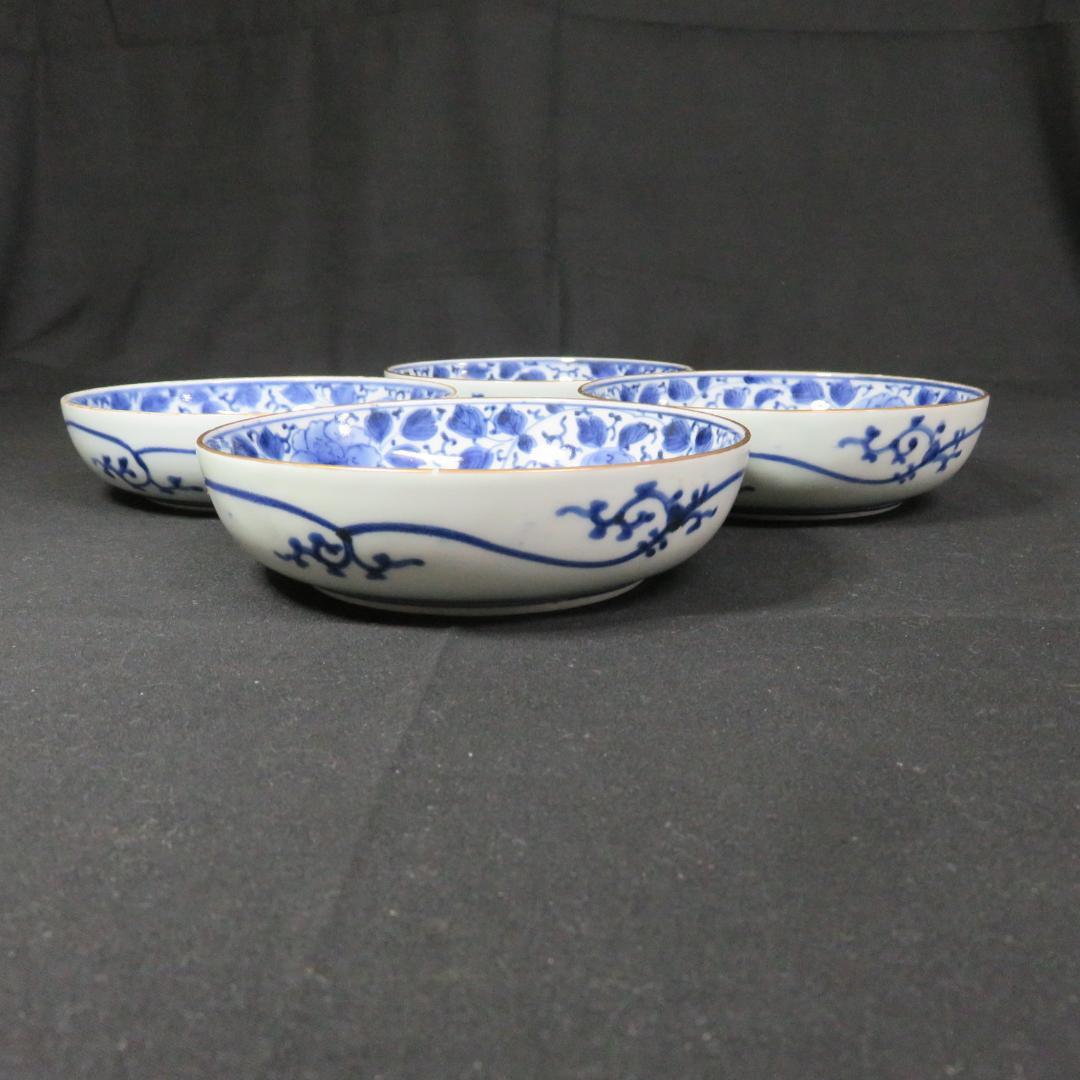 なます皿 4枚 染付 古伊万里 花唐草 銘 渦福 蛇の目高台