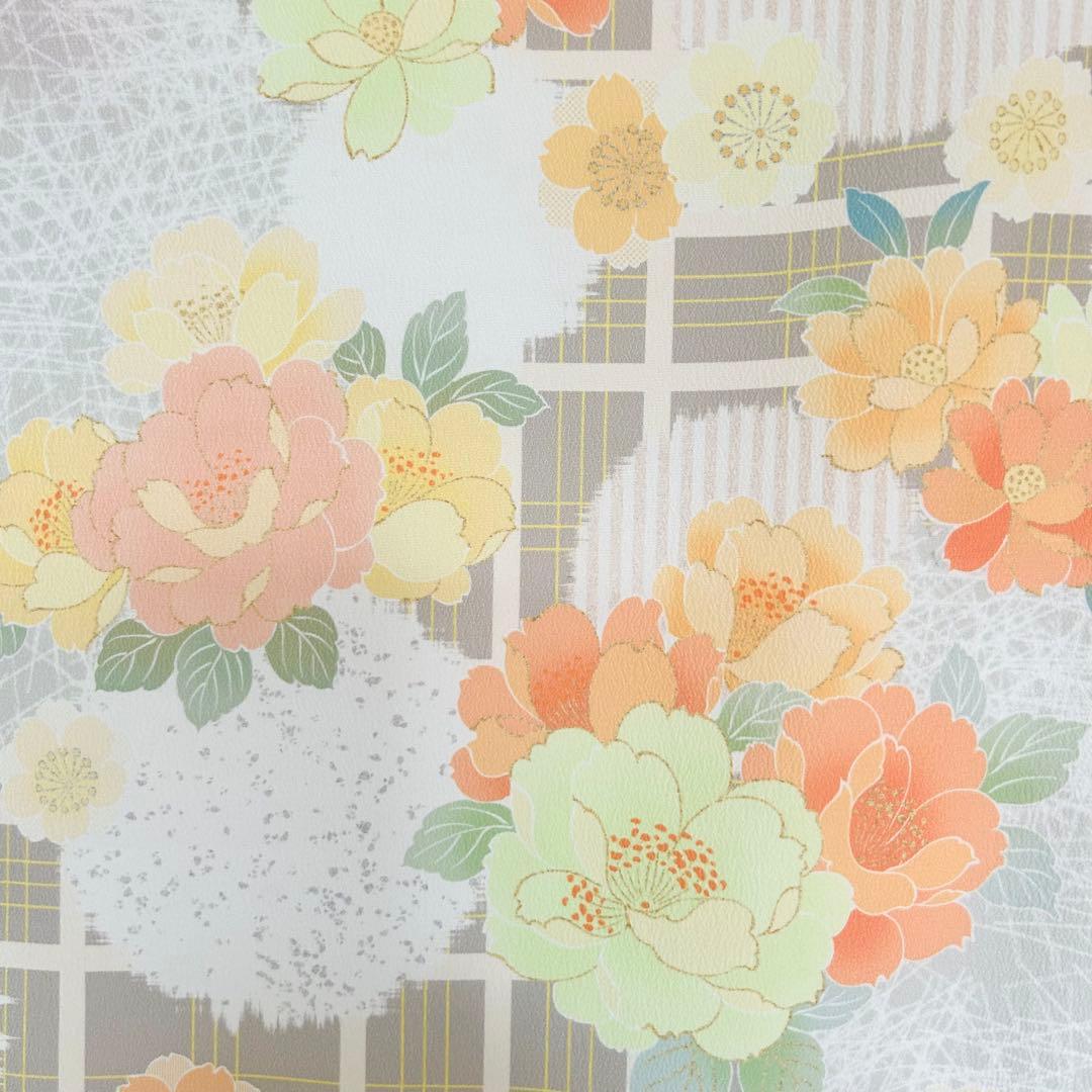 着物　七五三　7歳　女の子　13点　フルセット　オレンジ　グレージュ　格子　花文