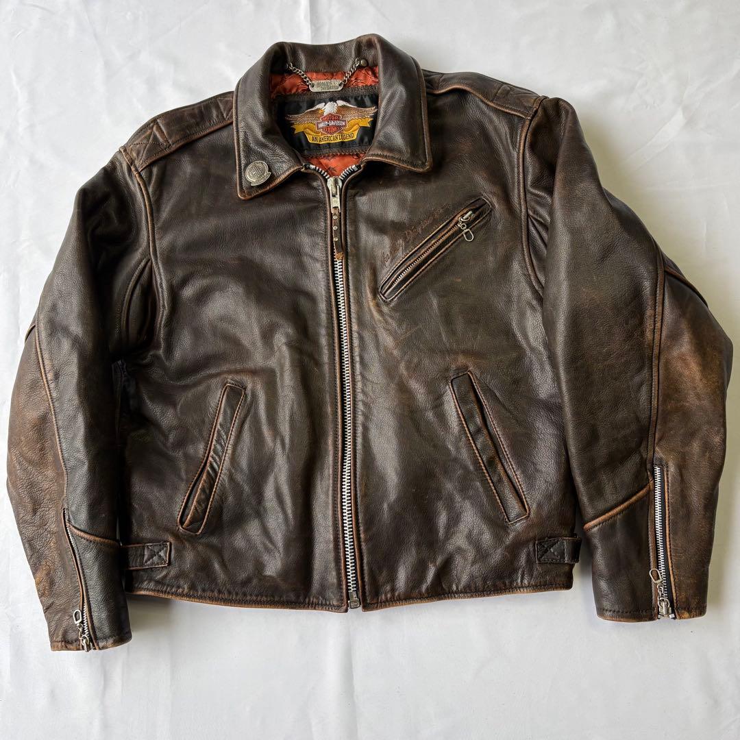 Harley-Davidson ブラウン エンボスロゴ レザージャケット M