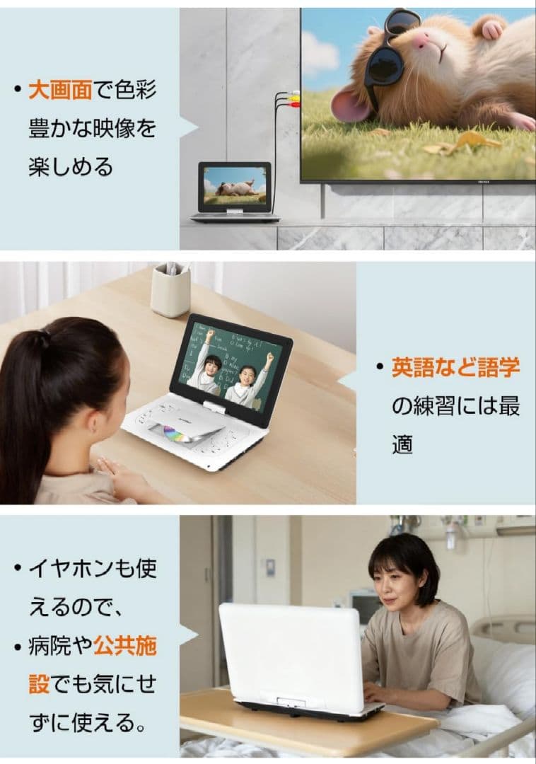 【新品】ポータブルDVDプレーヤー 14.1インチ TV同期可能 270°回転