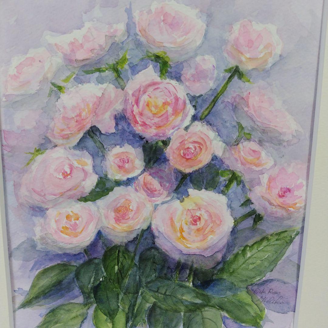 水彩画　F3  ピンクローズ