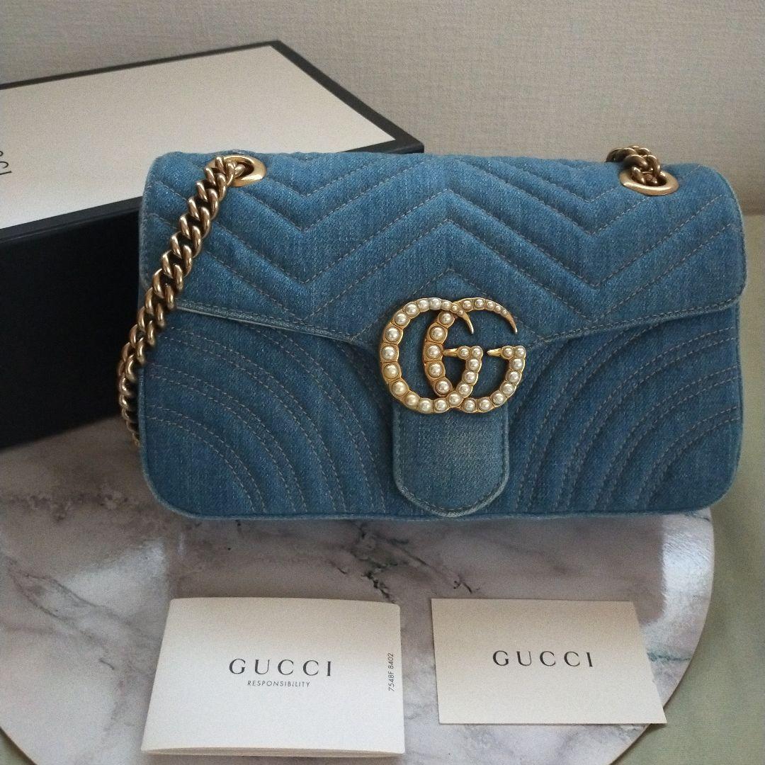 グッチ　GG　マーモント　デニム　チェーンショルダーバッグ