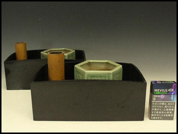 茶道具 六角 青磁 火入 煙草盆 一対 江戸末期-明治(A258)