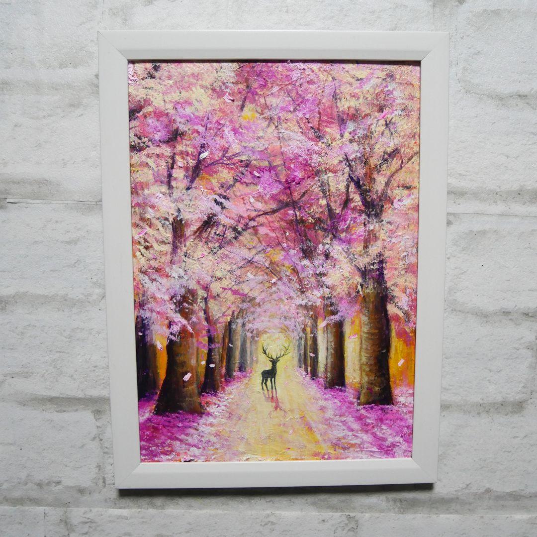 油絵 油彩 油彩画 絵 絵画【春景色の中で桜に立つ鹿】