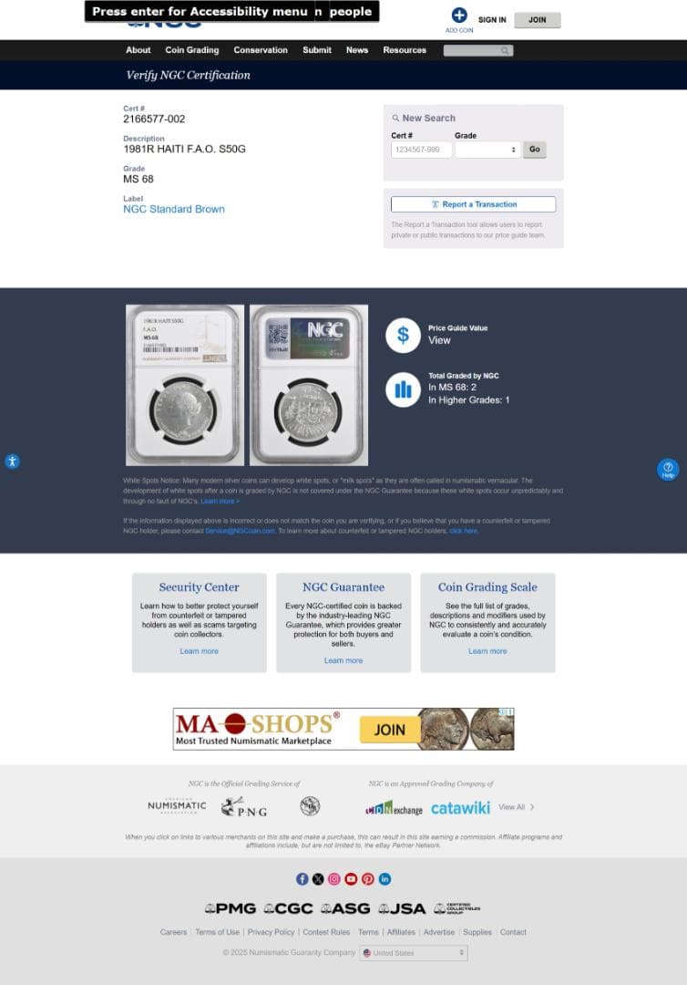 NGC-MS68 ハイチ 1981 世界食糧デー記念 銀貨 50Gourdes