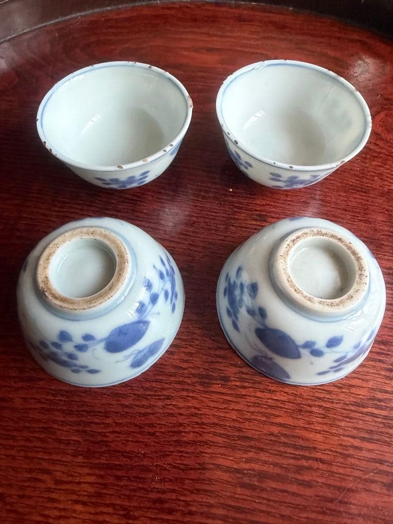 古染付 煎茶器 蝶 花 虫喰い 4客