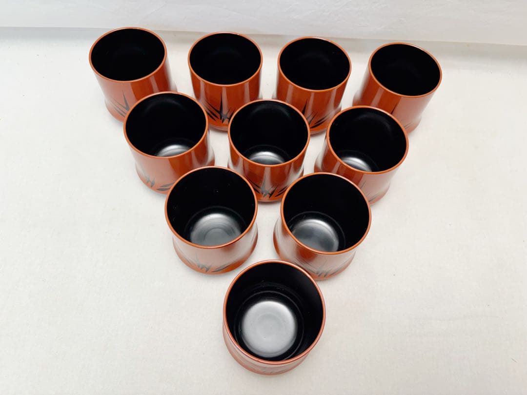 ほぼ未使用 懐石道具 朱塗 竹形黒竹蒔絵 箸洗い 十客組 内黒 小吸物椀 元箱