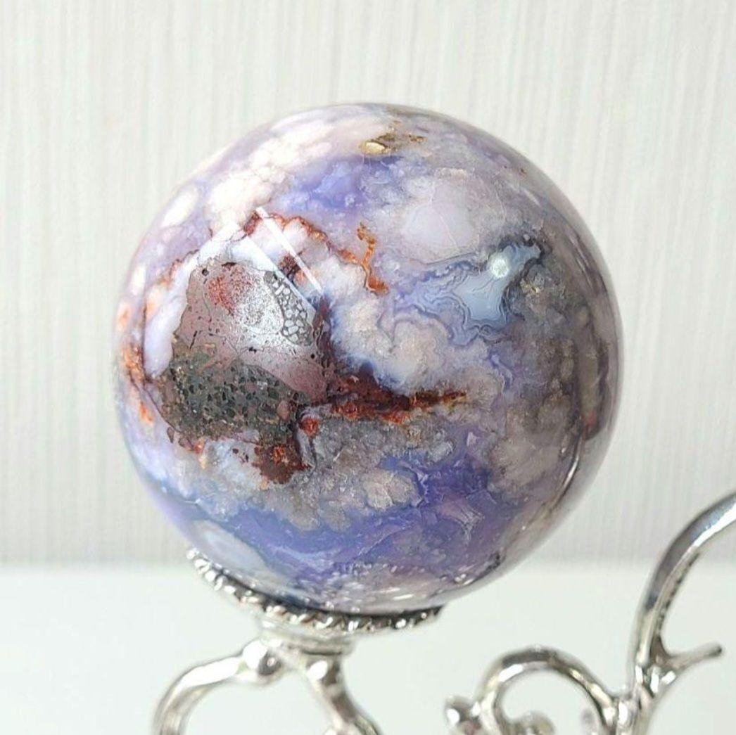 ブルー桜瑪瑙　スフィア　天然石置物　フラワーアゲート　原石　丸玉　ディスプレイ