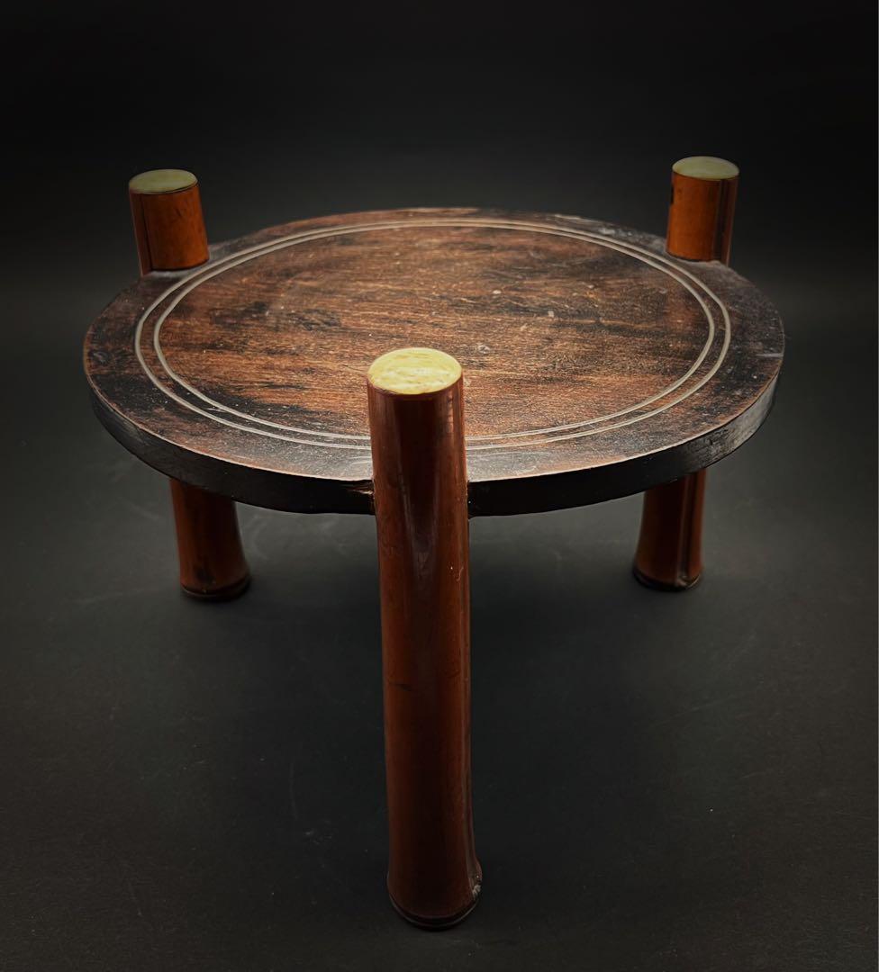 唐木 竹製 骨嵌 三足丸花台 古道具