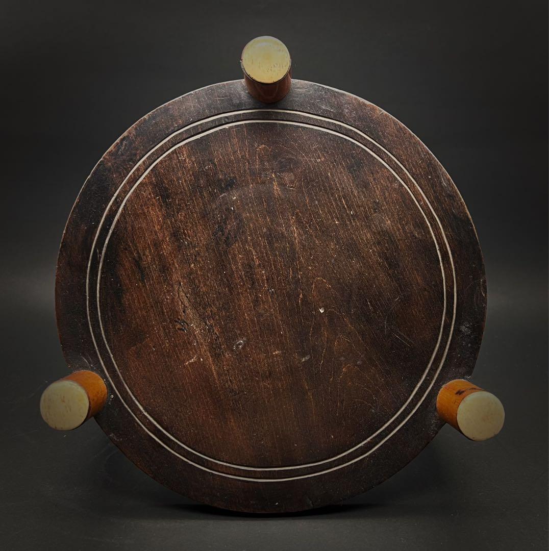 唐木 竹製 骨嵌 三足丸花台 古道具