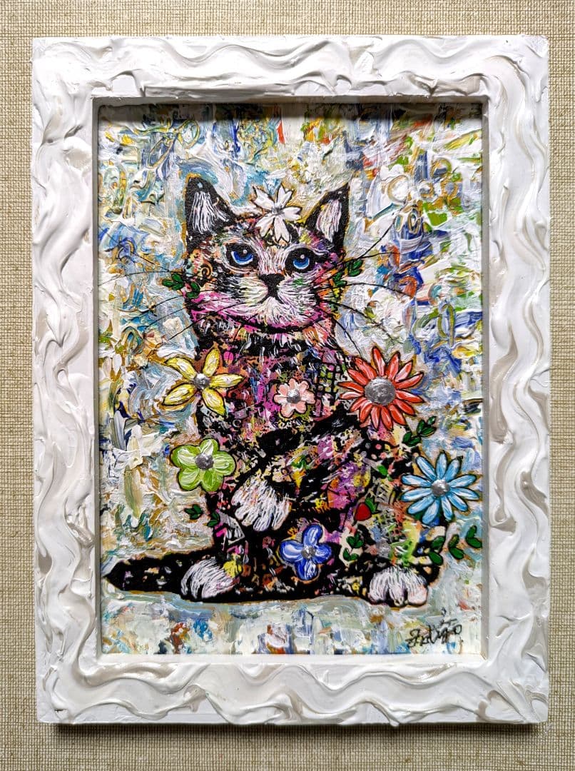 10000円→8000円SALE価格！手作り額付き作品　「蒼天のニャンコ」