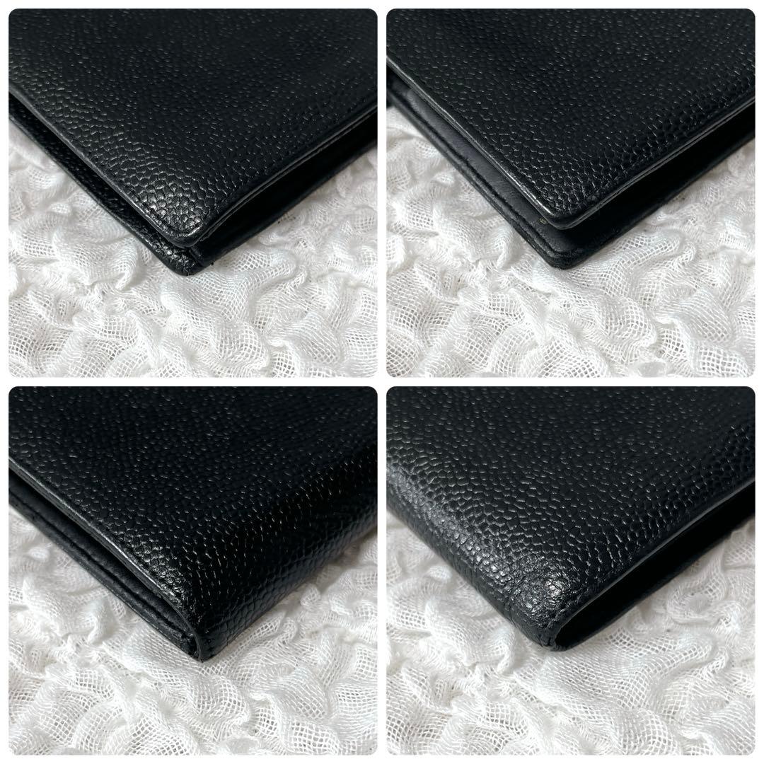 CHANEL ブラックレザー 二つ折り財布　キャビアスキン　がま口　レザー　ココ