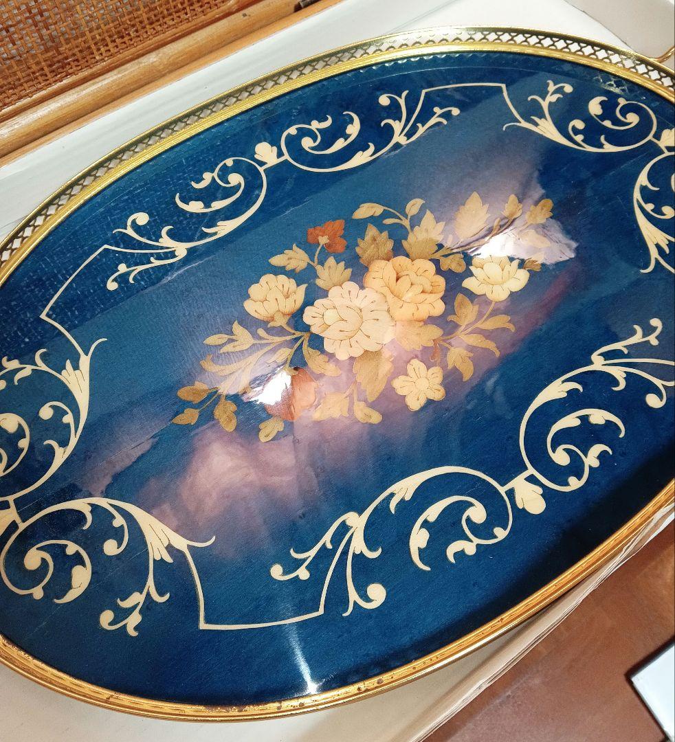 青い花柄の楕円形トレイ おぼん