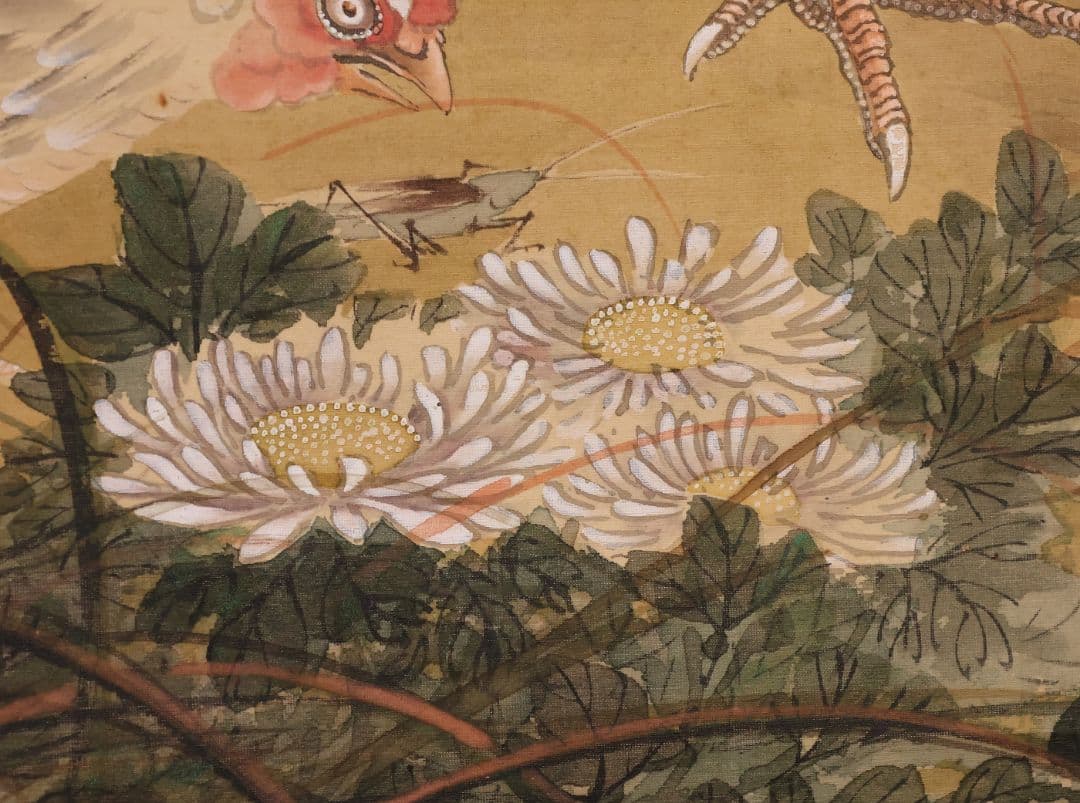 【模写】日本画 荒木寛畝 鶏図 絹本 掛軸 花鳥 MB155