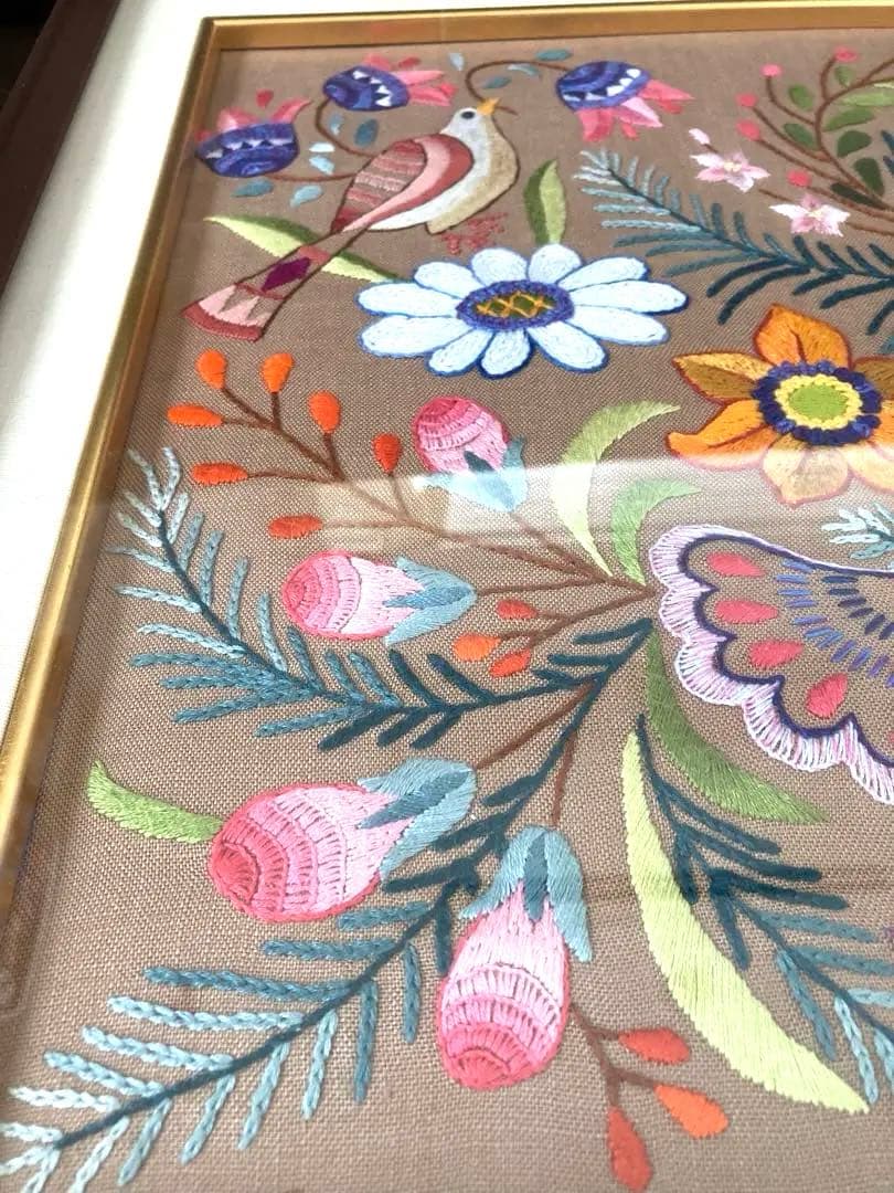 美品　戸塚刺繍　戸塚きく　初代作品　額　花　鳥　モダン