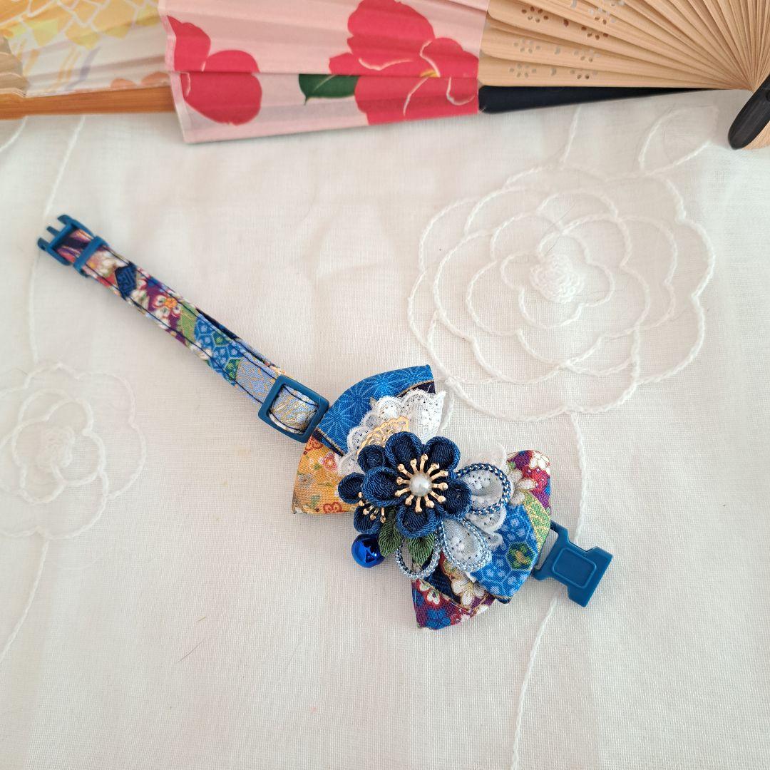 ダブルリボン、和風つまみ細工(青)わんちゃん猫ちゃん用首輪