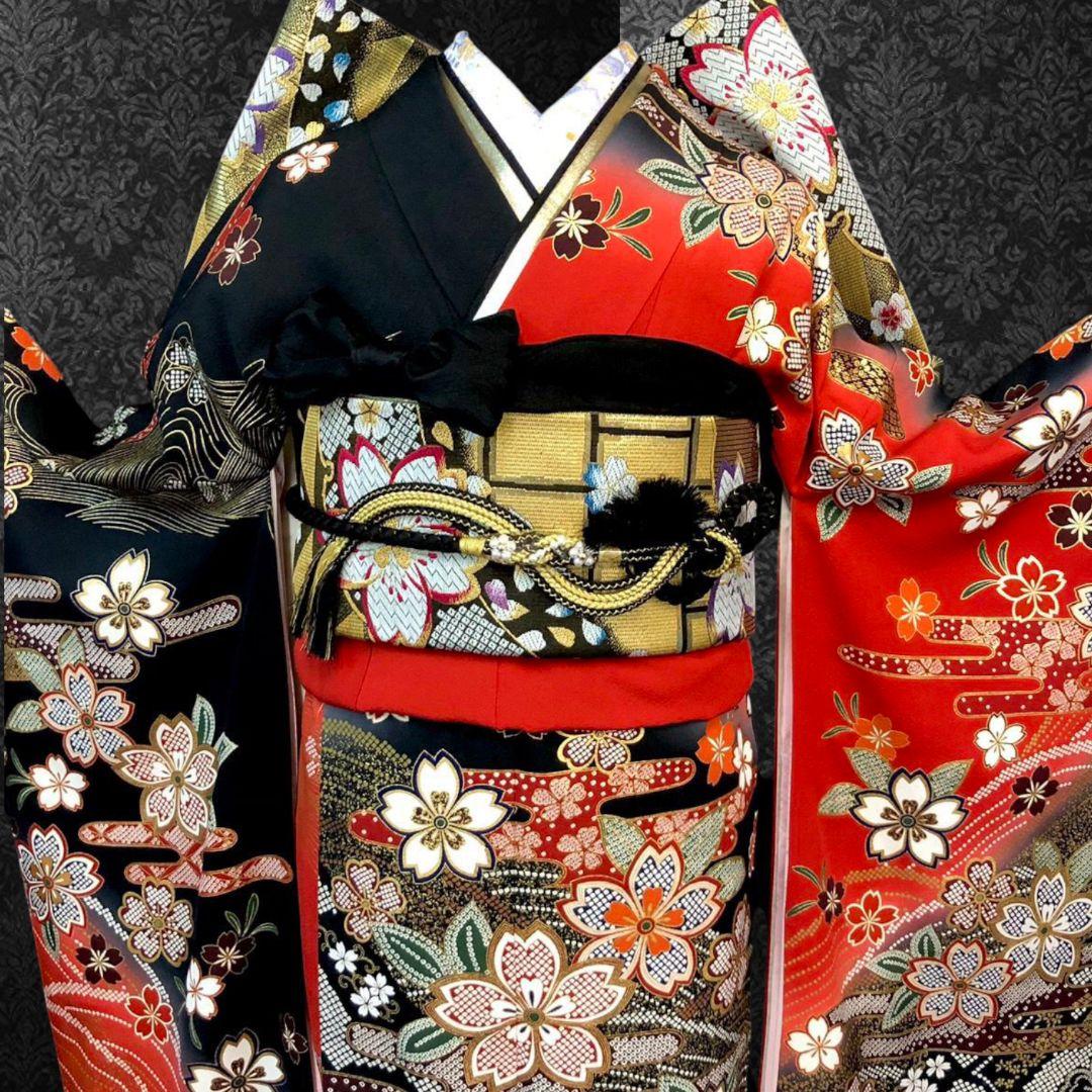 振袖フルセット(7点)・作家物・落款入り・桜尽くし・金彩加工・鹿の子柄