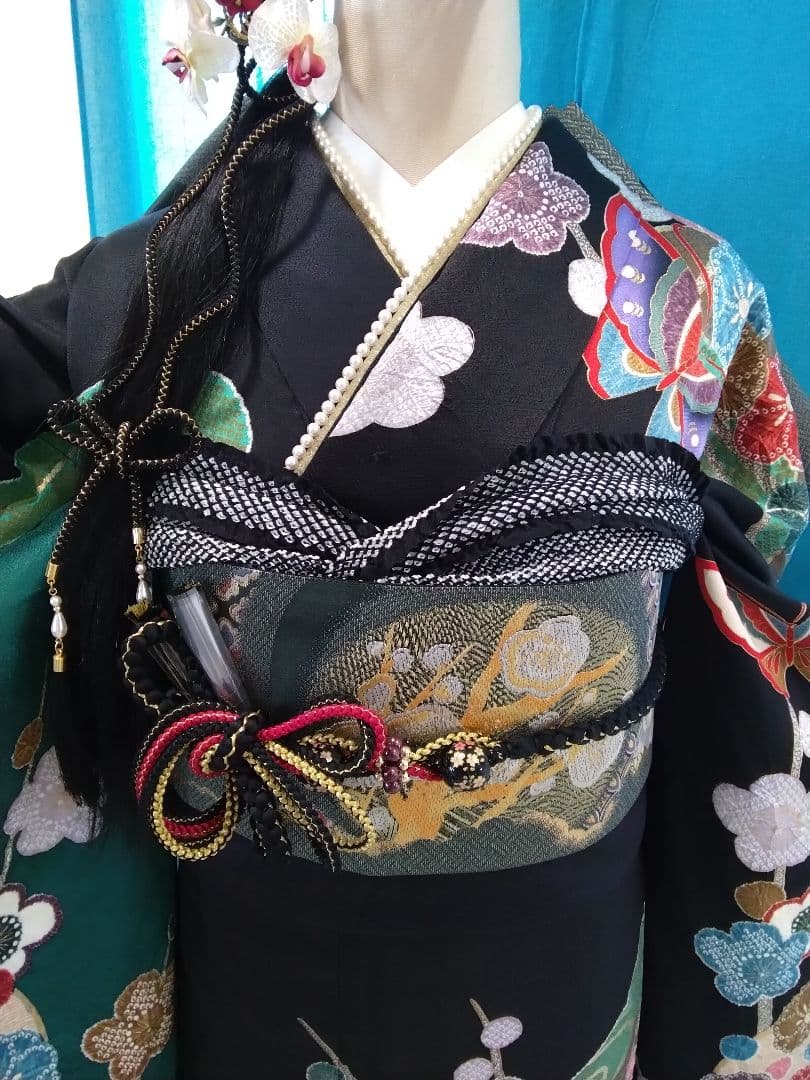 振袖フルセット、正絹絞り、落款、成人式、重ね襟、帯揚げ帯締め、西陣袋帯、襦袢