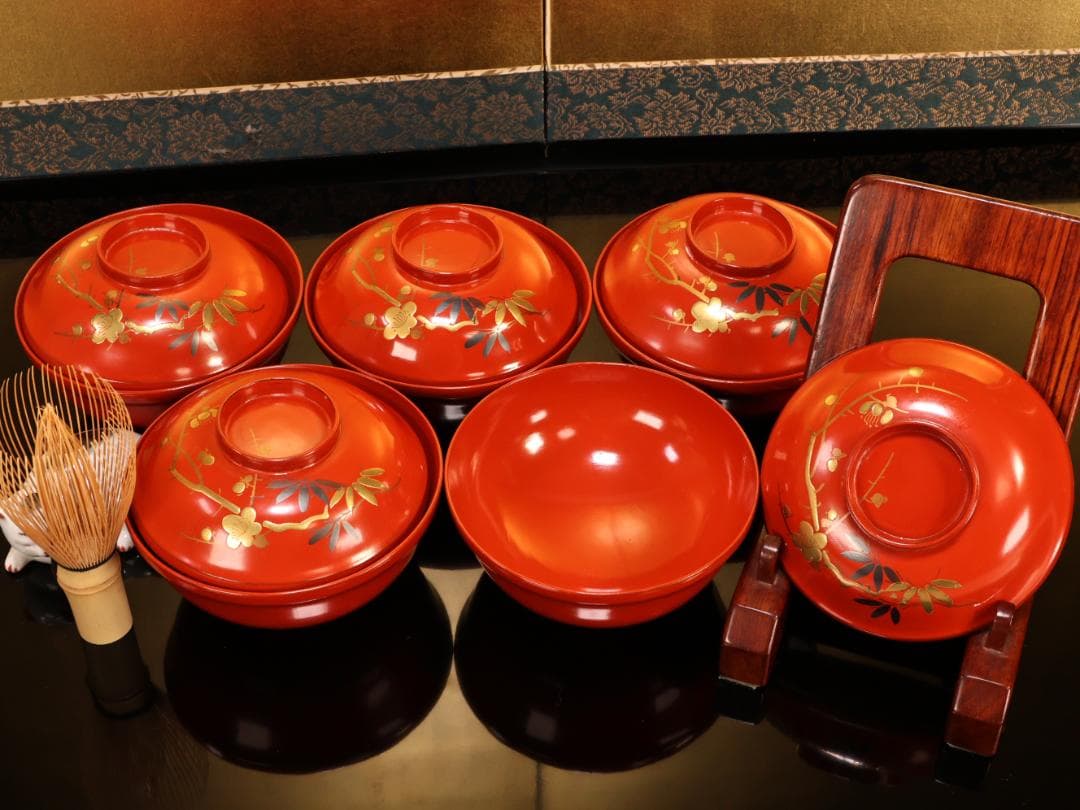 BK416　時代輪島塗　松竹梅図蒔絵　吸物椀　五客　木製　茶道具 懐石 会席