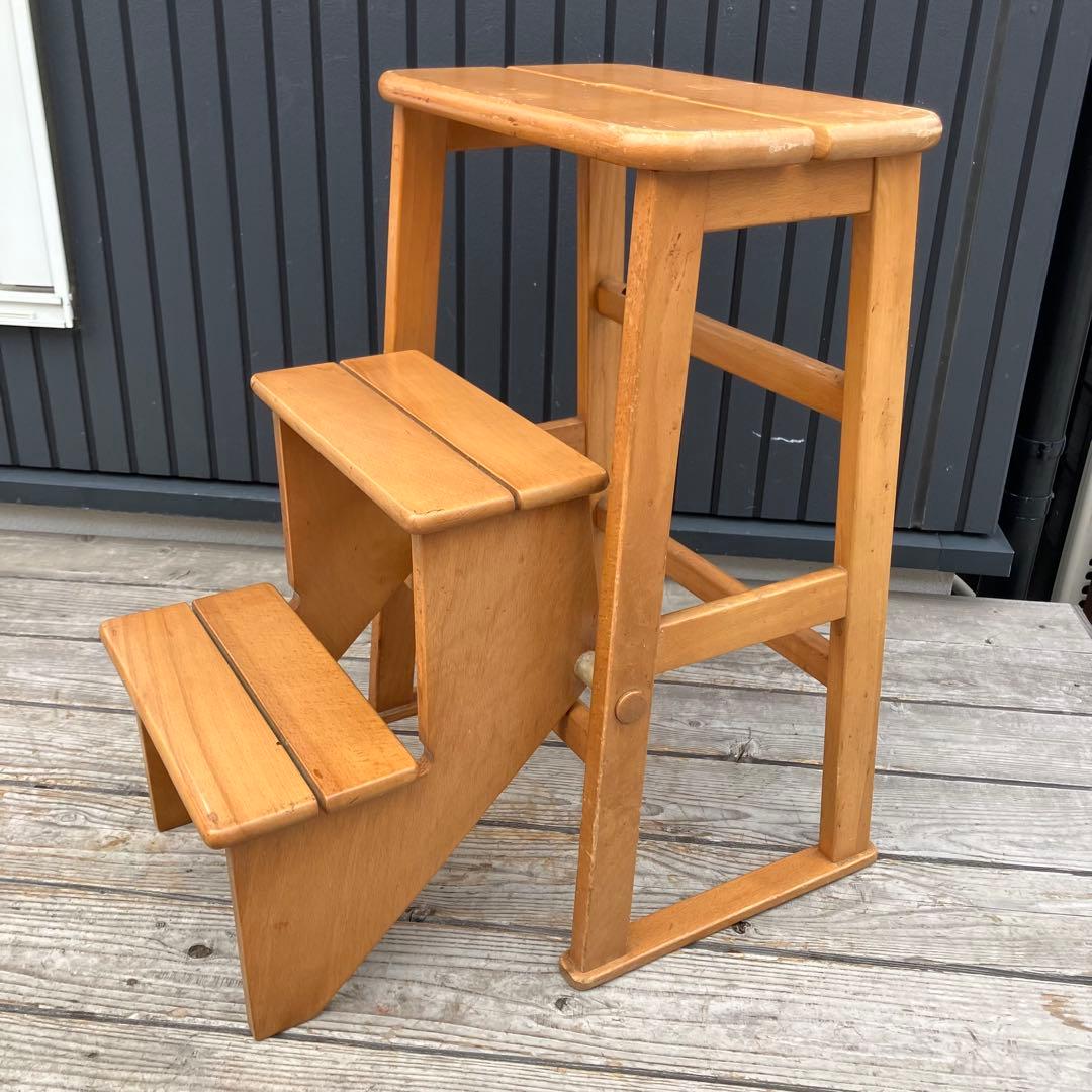 昭和レトロ 格納式 3段 木製階段脚立 踏み台 ステップスツール 飾り棚 花台