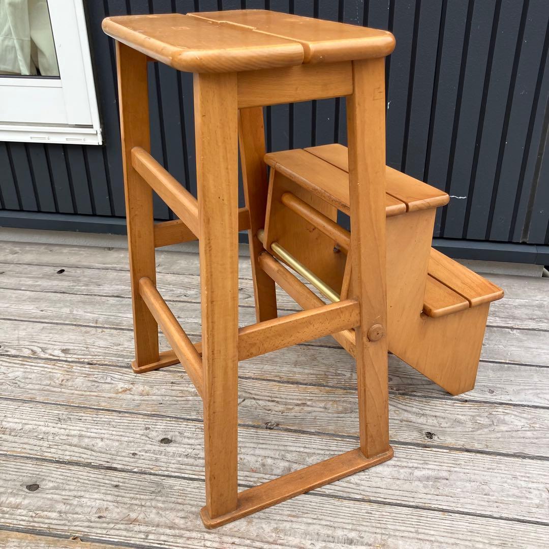 昭和レトロ 格納式 3段 木製階段脚立 踏み台 ステップスツール 飾り棚 花台