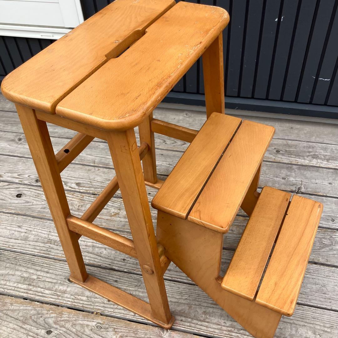 昭和レトロ 格納式 3段 木製階段脚立 踏み台 ステップスツール 飾り棚 花台