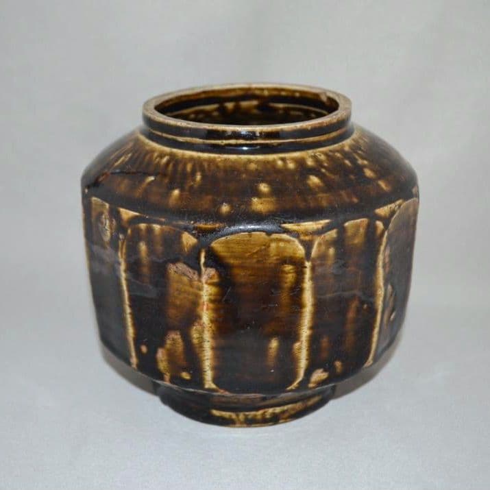 李朝飴釉面取壺　飴釉壷　鉄釉　古陶磁器　李氏朝鮮　民芸　水指　函付き