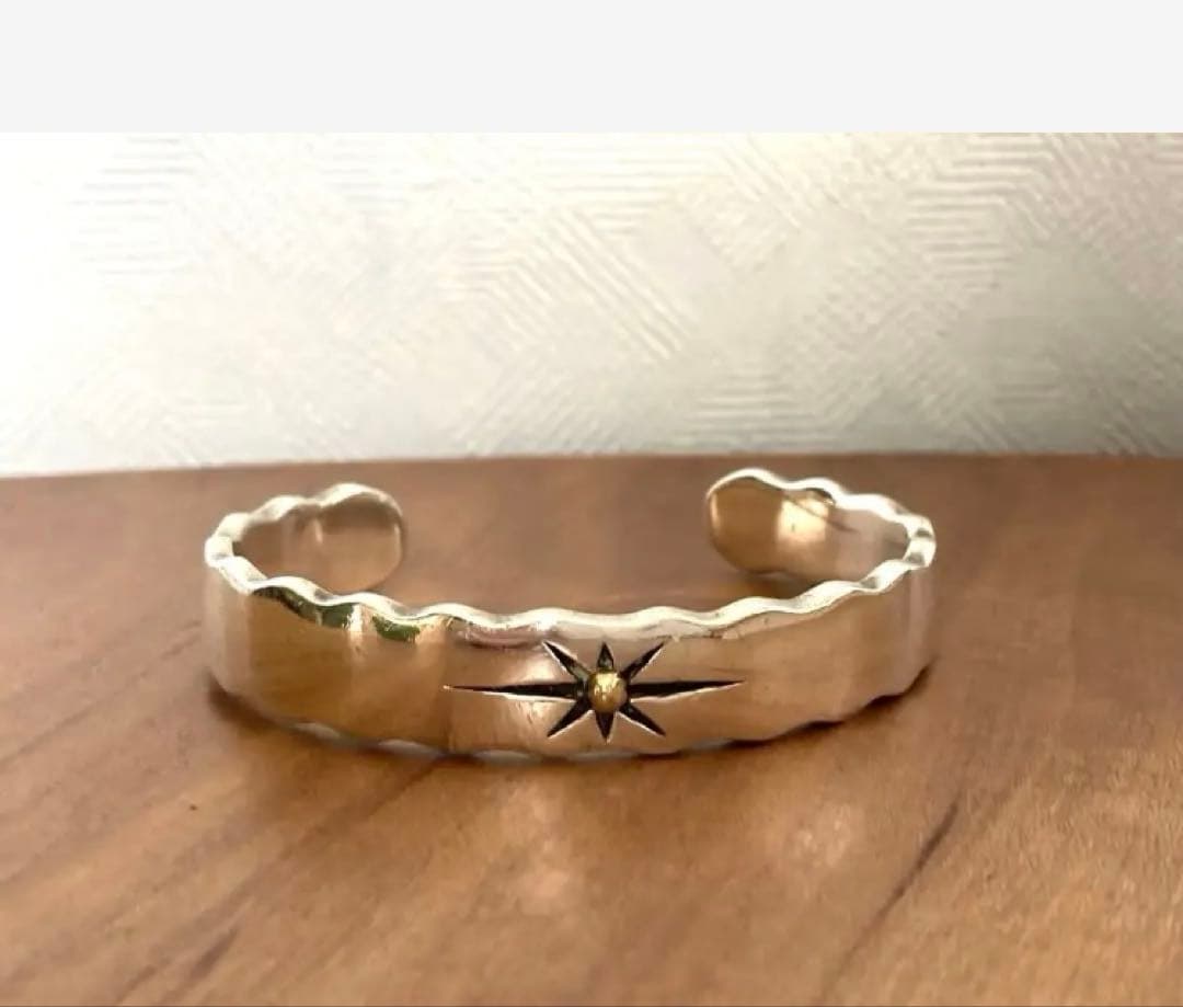 90sシルバーバングル｜925刻印×刻印×金のポイント｜インディアンジュエリー風