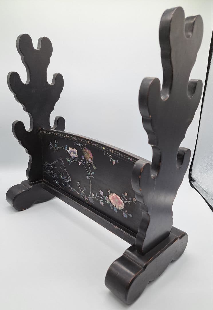 Y*タ様 時代名品 長崎螺鈿細工刀掛 木製漆塗刀掛け台 武具 時代物 極上品 日