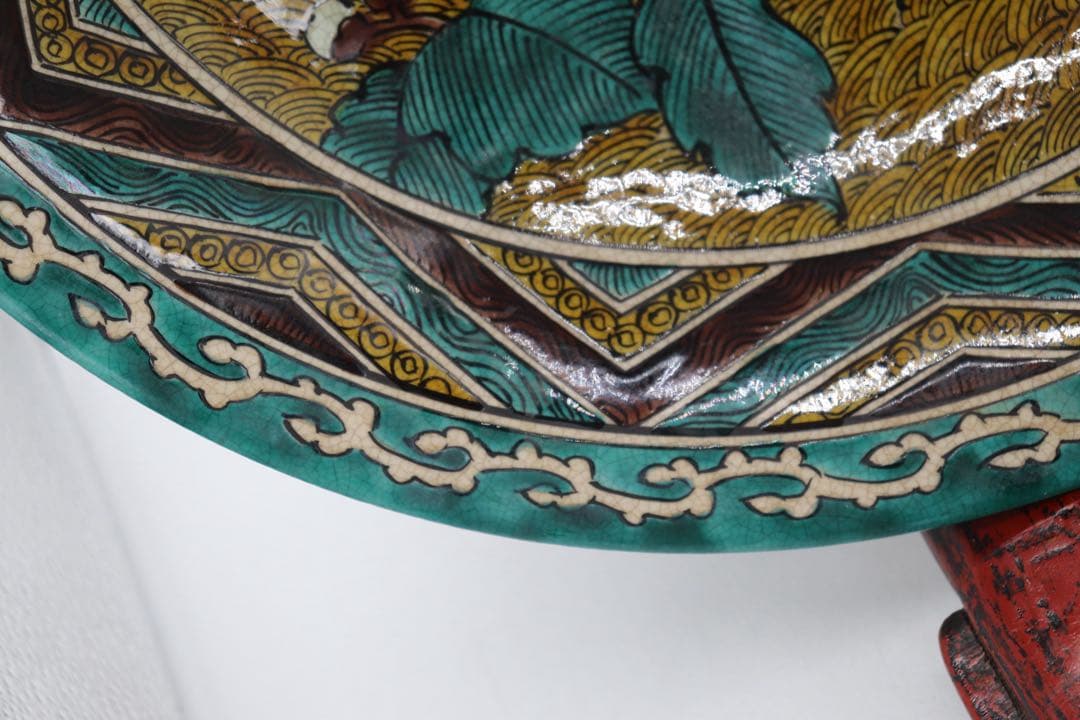 江戸　古九谷　花鳥紋大皿　青九谷　送料込み250705